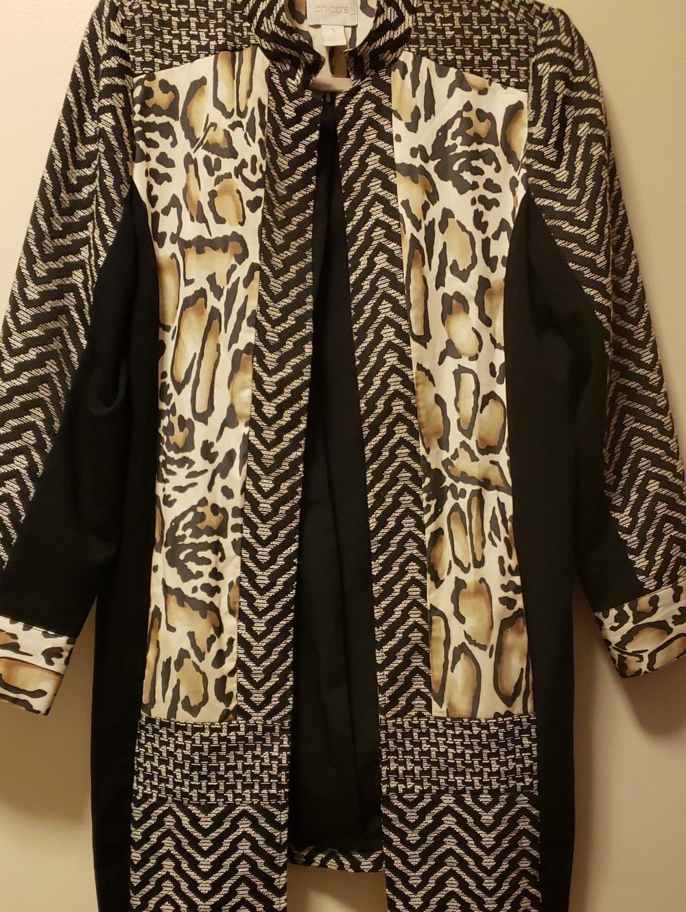 Chico's Black, Cream & Brown Leopard-Print Mixed-Media Lightweight Jacket